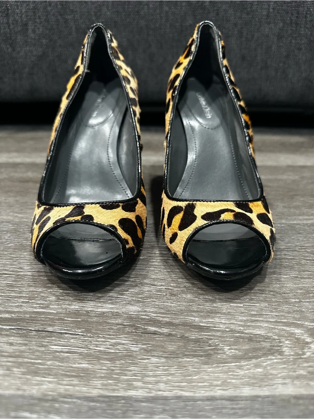 Calvin Klein Leopard Print Wedge Pumps - Black & Tan Size 6.5 real calfskin